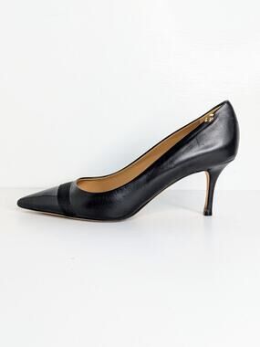 Tory Burch Penelope Cap Toe Pumps 8.5 Black Leather Patent Grosgrain Bow VGC